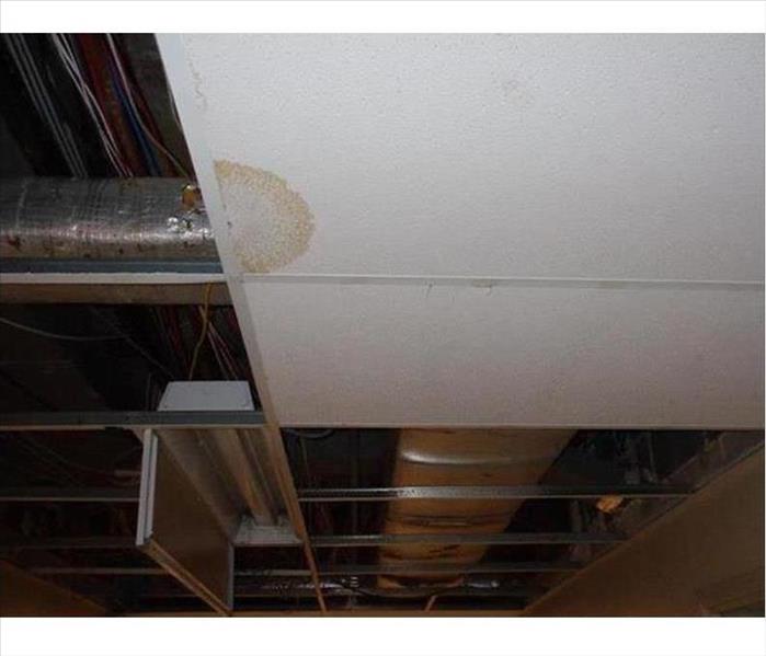 water damaged ceiling tiles, exposed ducts and lighting