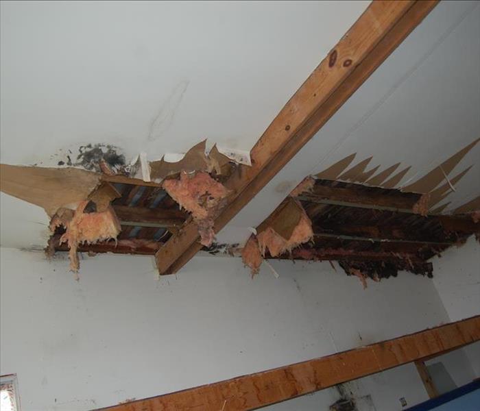 water stains, holes in ceiling from leak, cross beams showing